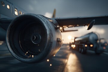A close-up view of a commercial airplane engine at the airport during refueling operations, showcasing the details of the turbine and fuel truck in twilight.