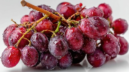 a fresh bunch of red grapes with a smooth texture and dewdrops on the skin on a white isolated background, juicy and sweet design