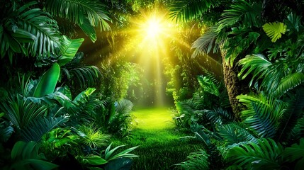 Luminous Jungle Path: Sunlit Green Tropical Forest