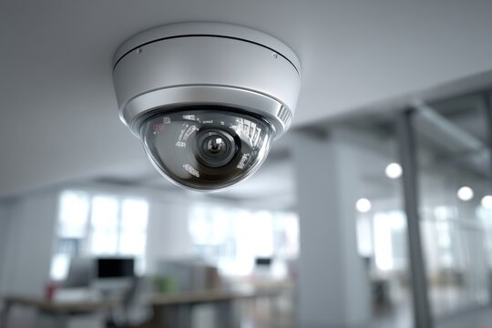 A modern surveillance dome camera is mounted on a white ceiling, providing security in an office environment with blurred office space.