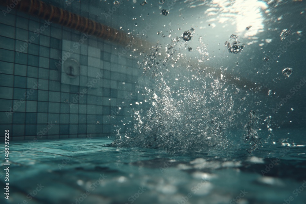 Poster an underwater view of a swimming pool with tile walls, showing water splashing upwards and bubbles r
