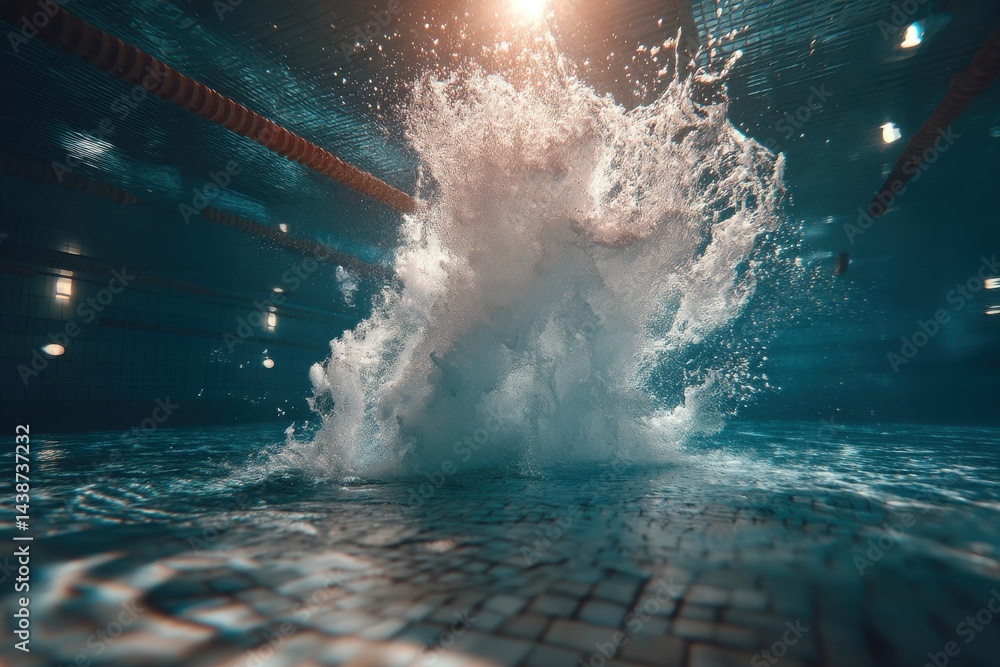 Poster underwater shot of a swimming pool with a large splash and dividing ropes, creating a dynamic and en