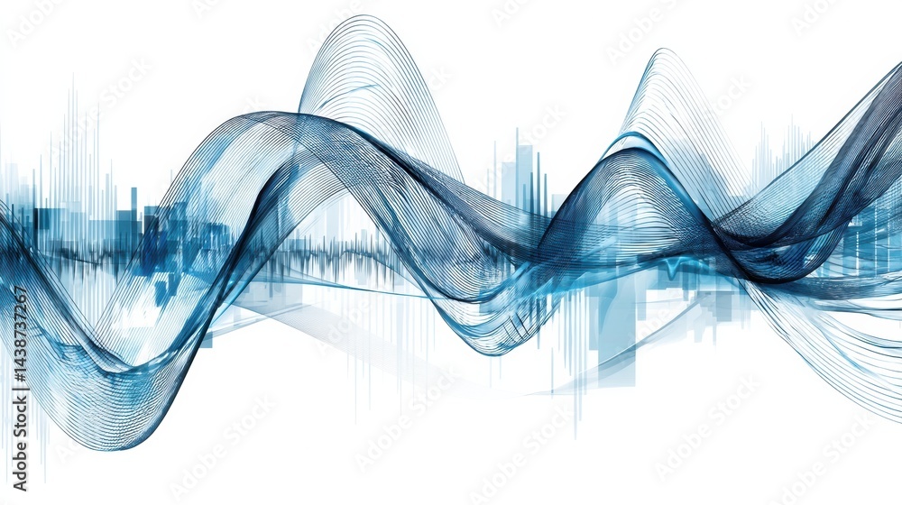 Poster digital blue waveform pulse illustrating sound and vibration patterns on a clean white background