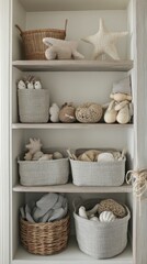 Fototapeta premium Neutral-toned nursery storage with stuffed animals and woven baskets.