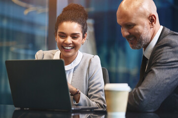 Business, people and smile in boardroom with laptop for ideas or planning with reports or review...