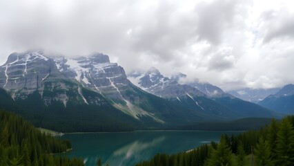 Pristine Dolomites scenery with breathtaking snow-capped rocky mountains, thick green forest at the base, and a glassy alpine lake perfectly reflecting the dramatic peaks and moody clouds above. A hig