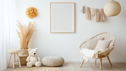 Beige and white nursery room interior with wicker chair, pampas grass, and teddy bear. Soft lighting and neutral tones create a calm atmosphere.