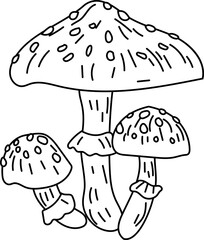 Hand-drawn illustration of a group of enchanted mushrooms in fantasy forest theme, black and white line art.