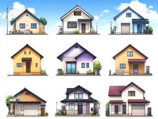 Nine stylized illustrations of residential houses, various colors and designs, set against a light blue sky