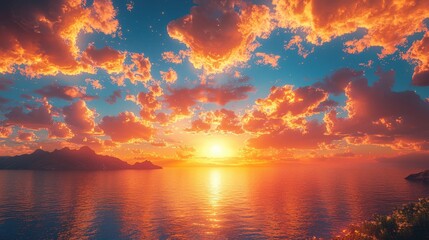 Ocean water glows. Warm light under clouds and a blue sky. Land sits far away as the sun sends rays. Peaceful scene.