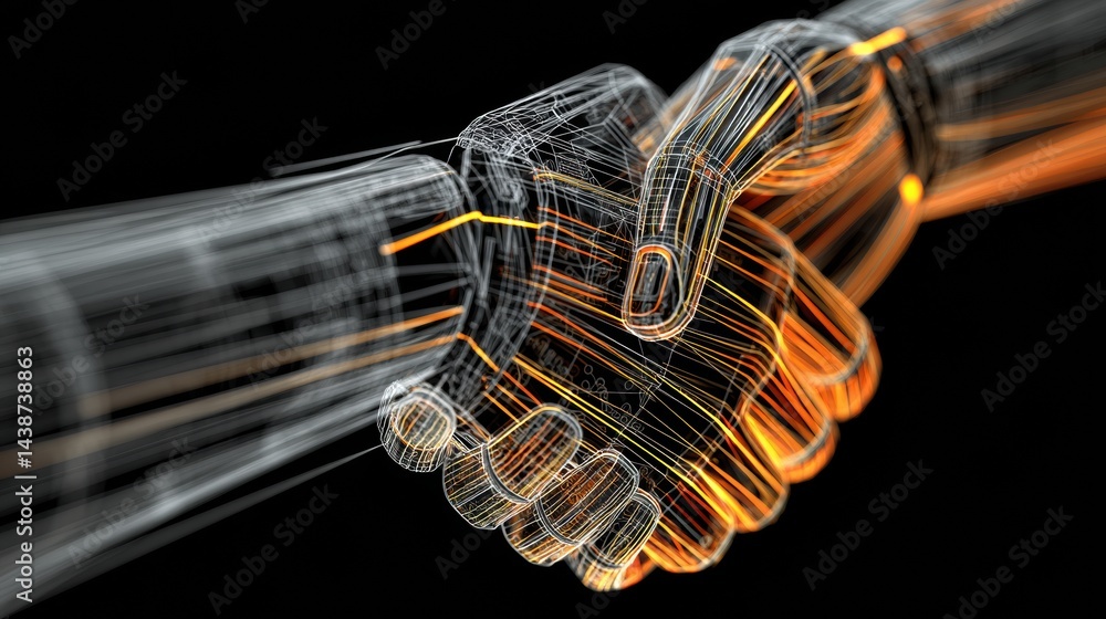 Aufkleber human and machine shake hands with glowing wires symbolizing unity in technology and humanity in a f