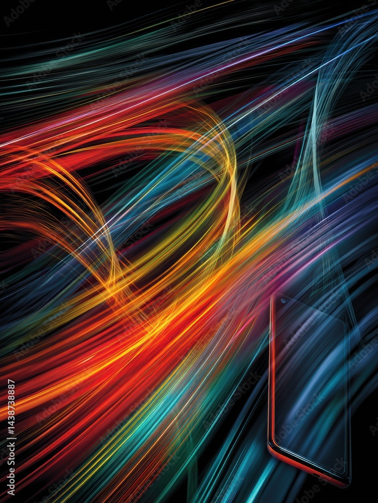 Aufkleber Neon Smartphone Glowing on Dark Background Illuminated by Vibrant Light Streaks in an Abstract Artistic Display