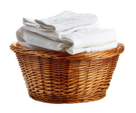Clean white laundry in a brown wicker basket on wash home pure neat tidy on transparent background