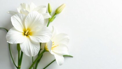 Fototapeta premium Abstract white floral arrangement on white backdrop, composition, flowers