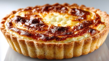 a fresh, golden-brown quiche with a flaky crust and creamy filling on a white isolated background, savory and satisfying design