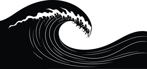 Minimalist Japanese Wave Pattern, Black and White