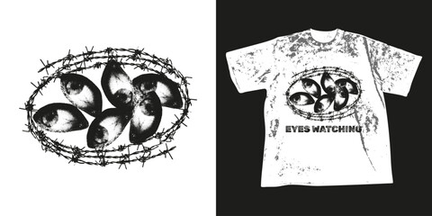 Trendy halftone stipple t shirt print. Eyes and barbed wire grunge urban style design with punk grain gritty texture. Retro photocopy vector illustration for sweatshirt, clothes, hoodie, street wear