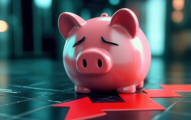 Sad piggy bank on a path of red arrows