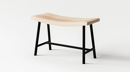 Fototapeta premium A minimalist bench-style stool combining a smooth natural ash wood top with black metal legs