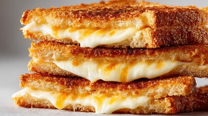 a close-up of a golden-brown, crispy grilled cheese sandwich on a white isolated background, savory and warm design
