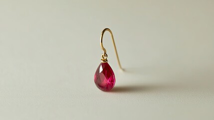 A single teardrop-shaped ruby earring designed to hang simply from a gold loop
