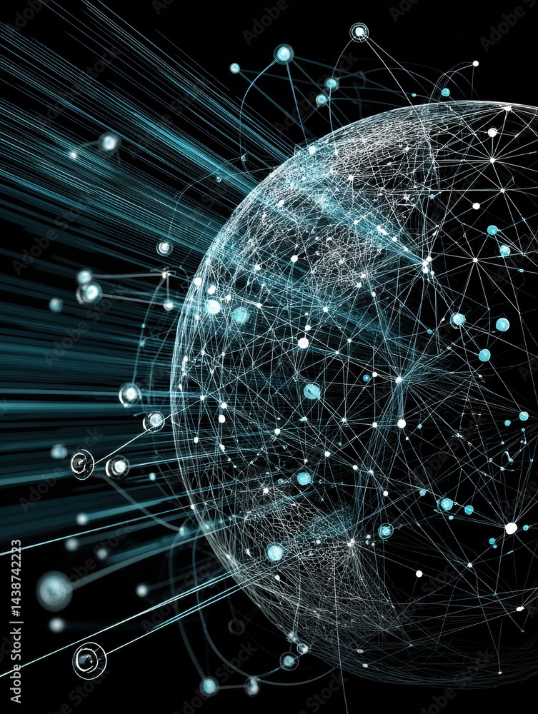 Aufkleber Wireframe Globe With Interconnected Nodes Illustrating Global Data Flow and Network Connectivity in a Digital Environment