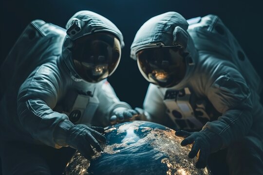 Cosmonauts in spacesuits engage with Earth’s globe, exploring its surface features at night