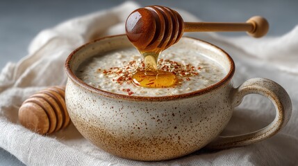 a steaming bowl of fresh oatmeal with a drizzle of honey on top on a white isolated background, nourishing and wholesome design