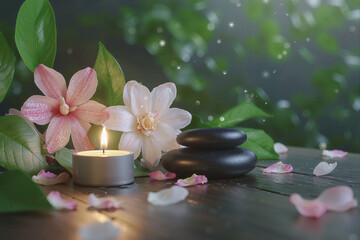 Burning candle with flowers and stones creating relaxing atmosphere