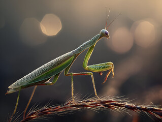 A Praying Mantis perched on a soft blade of grass, its body facing the viewer. The sunlight highlights the fine textures of its wings and legs.