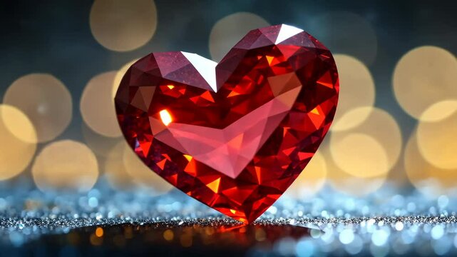 Sparkling red heart gemstone on glittery surface with bokeh lights in background