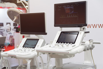 Modern medical ultrasound scanners in the exhibition hall
