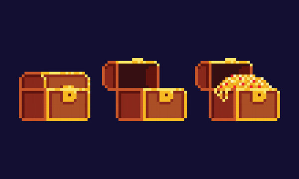 Pixel art vector illustration - wooden gold treasure chest, closed, opened and filled with gold coins, chains and ruby