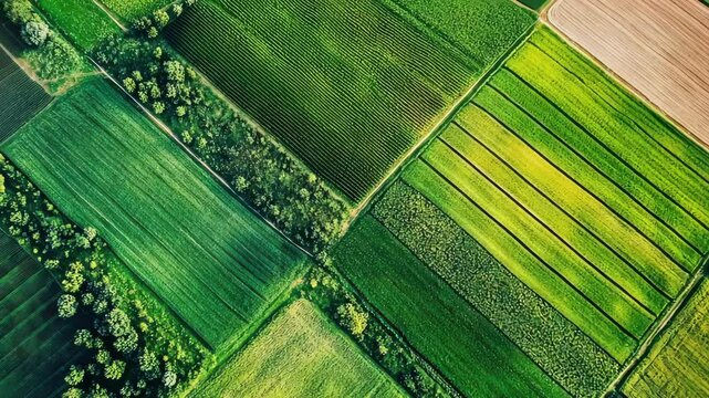 Aerial flyover of vibrant patchwork farmland in summer sunshine