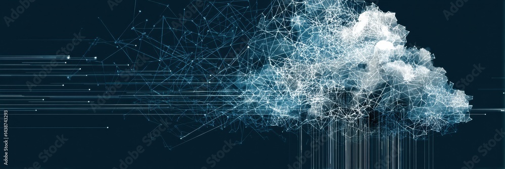 Poster Visual Metaphor Illustrating AI as a Cloud Composed of Intricate Code Patterns and Connections in a Digital Landscape