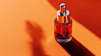 Red glass dropper bottle with silver lid, set against an orange background, symbolizing trending natural skincare.