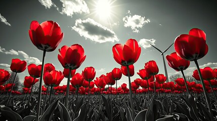 Red tulips in a field with wind turbines under the sky.