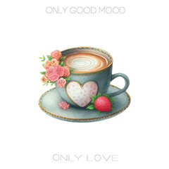 A cozy watercolor vector cappuccino cup with creamy foam. Soft pastel tones, perfect for cafe designs, morning vibes, cozy illustrations, and warm beverage themes.
