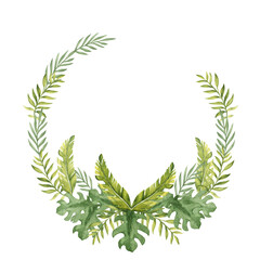 Tropical Leaves circle frame, Wreath. Eucalyptus, Banana Palm and Monstera. Watercolor Hand drawn botanical illustration isolated on white background. For cards, invitations and logos.