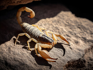 A scorpion resting in the shadow of a large rock, with the hot desert sun casting long shadows across its armored body. The fine details of its pincers and tail are highlighted.