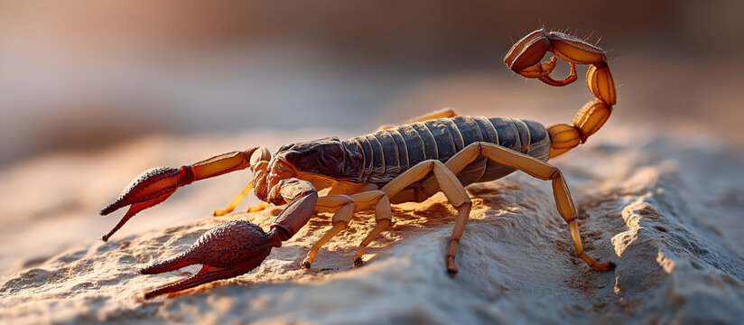 A scorpion perched on a rock in the desert, with the bright sun casting shadows that highlight its segmented body and sharp pincers. The background is a soft blur of desert sand.