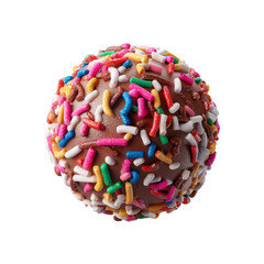 A colorful chocolate ball covered in various sprinkles, delightful and playful appearance.