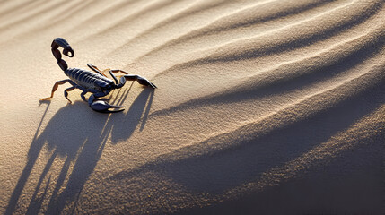 A scorpion scurrying across a sandy dune, its movement captured mid-motion. The sharp shadows from the sun highlight the segments of its tail and pincers.
