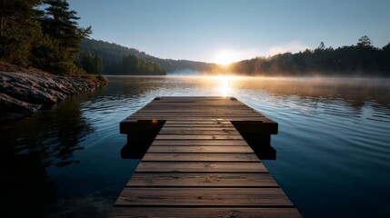 Obraz premium Serene Floating Dock Extending Into Calm Lake at Sunrise