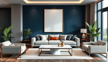 Sophisticated Living Room Interior with Mockup Art Frame, Modern Design and Stylish Furnishings for Relaxation