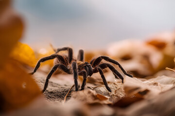 A Tarantula spider in its natural habitat, walking over a bed of dry leaves. The scene is captured from a low angle, showing the full breadth of its legs and the textured environment.