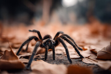 A Tarantula spider in its natural habitat, walking over a bed of dry leaves. The scene is captured from a low angle, showing the full breadth of its legs and the textured environment.