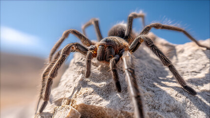 A Tarantula spider on a rock, its body fully illuminated by the sun. The details of its hairy legs and large body are captured in high detail against the clear background.