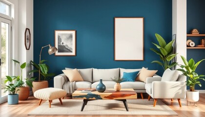 Fototapeta premium Cozy Living Room Interior with Modern Accents and Vibrant Teal Wall Backdrop