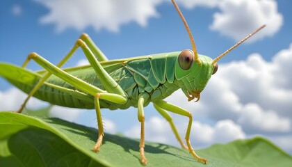 Fototapeta premium A close-up shot of a detailed green grasshopper on a leaf, against a blue sky.